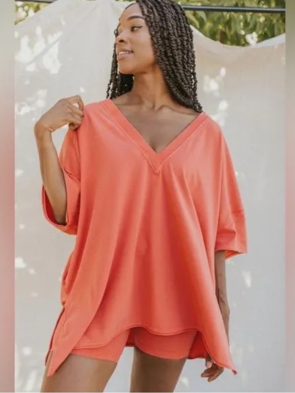 Free People Oversized V-Neck Tunic in Coral